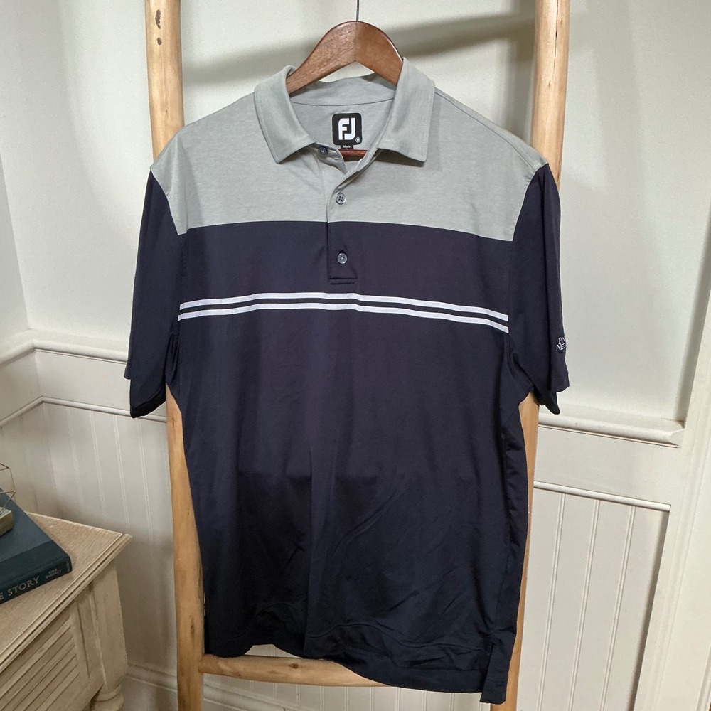 FootJoy Mens Navy Grey‎ Colorblock Striped ProDry Performance Golf Polo Shirt M